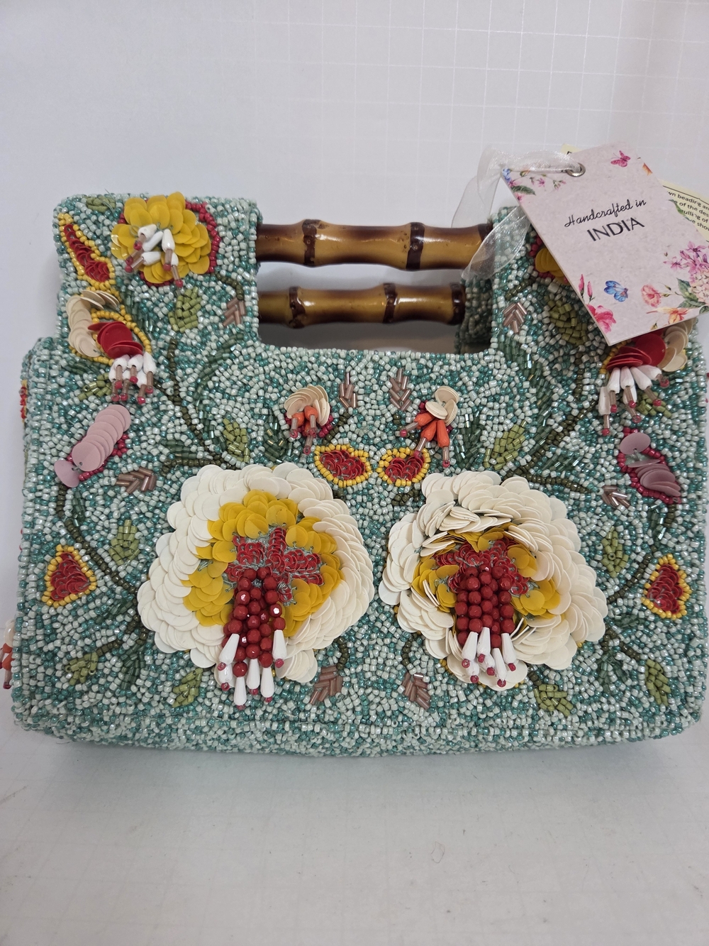 Handcrafted Beaded Floral Clutch with Bamboo Handles in Aqua